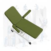 Металл в полимере. 3 секции: для головы, для ног, для рук. Изменение положения секций для головы, рук и ног. Опорные поверхности с полумягким наполнением и защитным покрытием  из кожзаменителя медицинской серии. На ножках либо колесных опорах Ø125 мм                                                                          Механизм подъема ложа с гидравлическим приводом, управляемым ножной педалью (диапазон высот от 540 до 850мм).  Допустимая нагрузка – 130кг.                                                 