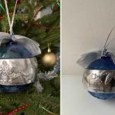 Елочный шар из выдувного синего стекла с серебряным рельефом