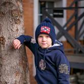 Детская синяя шапка "Андреевский Крест" с помпоном