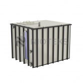 Прямоугольная полимерная емкость для хранения кислот, в том числе соляной, серной и азотной (используются емкости из ПНД, ПП-Б, ПП-Г, PVC-U, PVC-C, PVDF, PFA).  На емкости можно установить дополнительное оборудование: перемешивающие устройства (мешалки), запорную арматуру, насосы, контрольно-измерительные приборы, уровнемеры, электронагреватели, шкафы управления и пр.