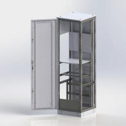 Дверь можно закрепить с любой стороны корпуса к профиля, съемная, с возможностью правостороннего или левостороннего крепления.   Каркас выполнен из оцинкованной стали толщиной 2мм. Боковые панели, задняя стенка выполнены из окрашенного листа черной стали толщиной 1,5мм и тоже являются съемными.   Конструкция корпусов позволяет собирать несколько шкафов с одним общим внутренним пространством. 