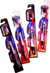 трехкомпонентная ручка с резиновыми вставками , разноуровневая и разнонаправленная средняя  щетина , массажные вставки,подушка для чистки языка