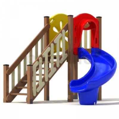 Детский игровой комплекс из дерева, с элементами пластиковых изделий.